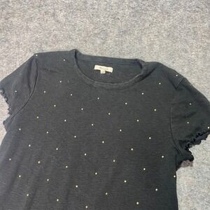 Madewell Black T-Shirt with Gold Dots and Ruffle Trim Short‎ Sleeve Top